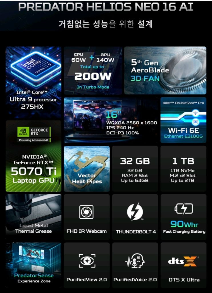 에이서 헬리오스 네오 16 AI PHN16-73-9797 Ultra 9 32GB 1TB RTX5070TI--3