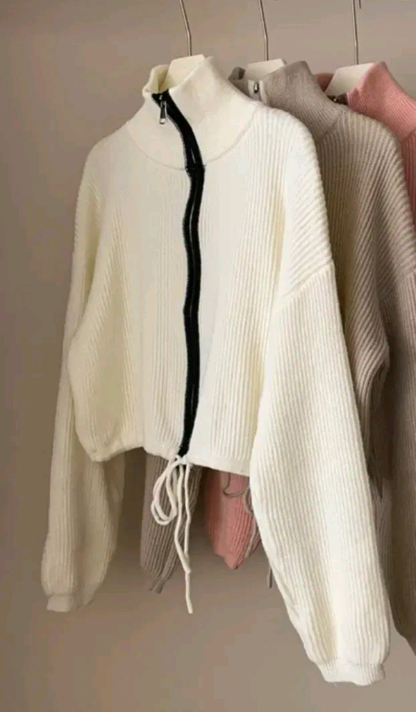 하이넥 스트링 니트 크롭 가디건 숏 점퍼 자켓 아우터 가을 겨울 상의--2