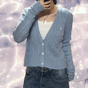 폴로 랄프로렌 신형 큐알 브이넥 꽈배기 니트 가디건 스카이블루 소라 L 이미지