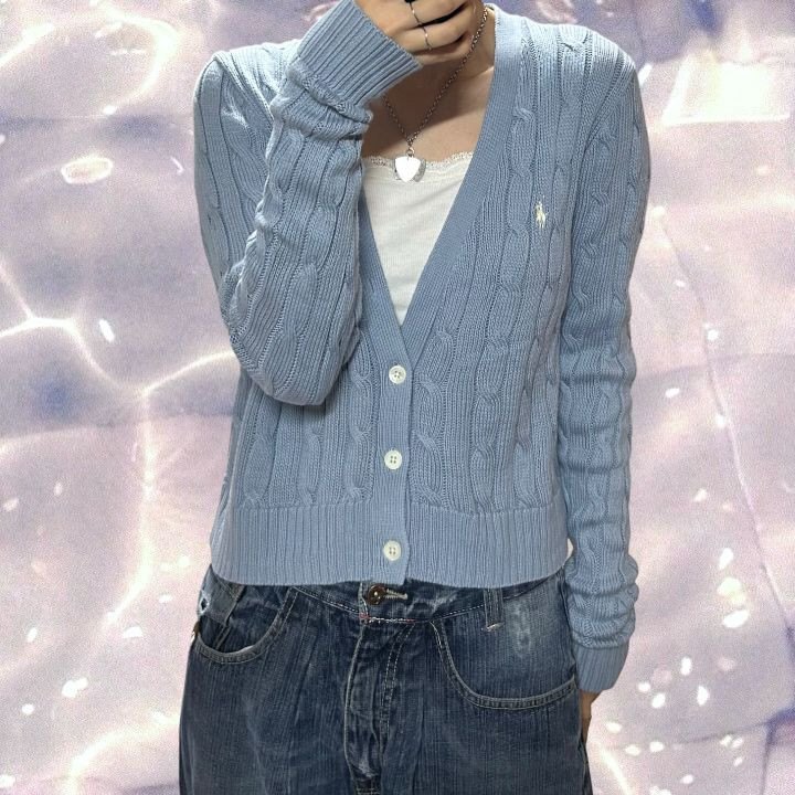 폴로 랄프로렌 신형 큐알 브이넥 꽈배기 니트 가디건 스카이블루 소라 L 이미지