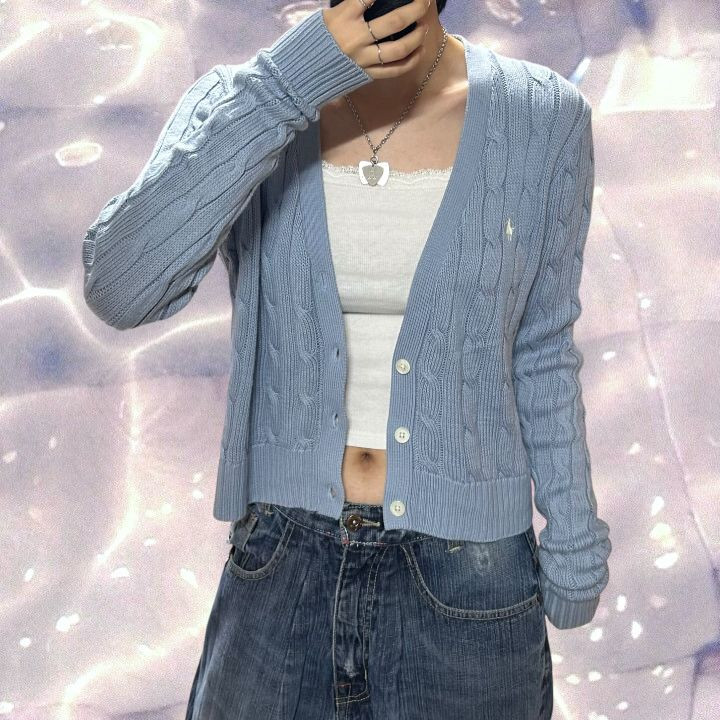폴로 랄프로렌 신형 큐알 브이넥 꽈배기 니트 가디건 스카이블루 소라 L 이미지