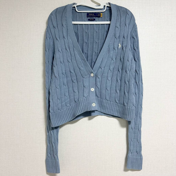 폴로 랄프로렌 신형 큐알 브이넥 꽈배기 니트 가디건 스카이블루 소라 L 이미지