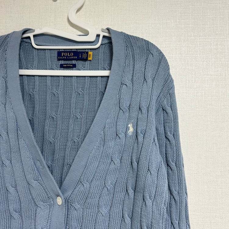 폴로 랄프로렌 신형 큐알 브이넥 꽈배기 니트 가디건 스카이블루 소라 L 이미지
