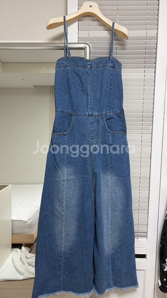 데님 멜빵 롱 원피스--1