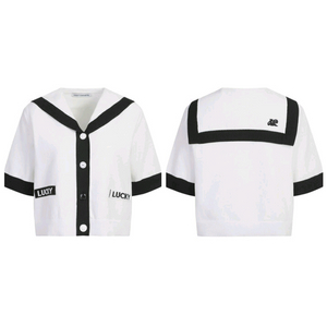 급처상태좋음!럭키슈에뜨 세일러카라 니트 반팔 가디건 프리사이즈