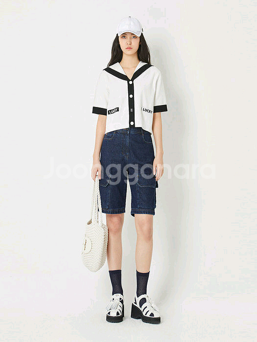 급처상태좋음!럭키슈에뜨 세일러카라 니트 반팔 가디건 프리사이즈--3