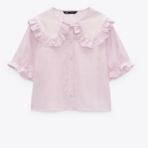 zara 자라 자수 핑크 블라우스 카라셔츠 L 새상품 /택포 펀칭블라우스 반팔셔츠