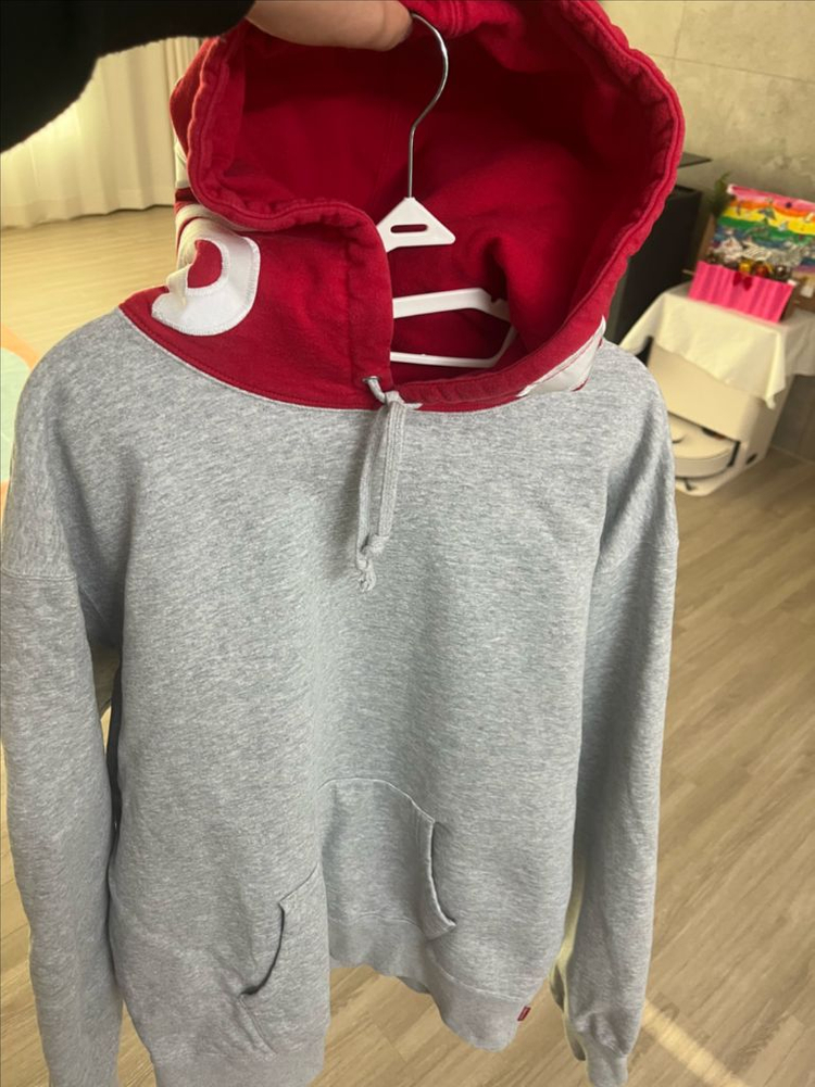 L사이즈 슈프림 후드 로고 후드티 그레이 레드 이미지