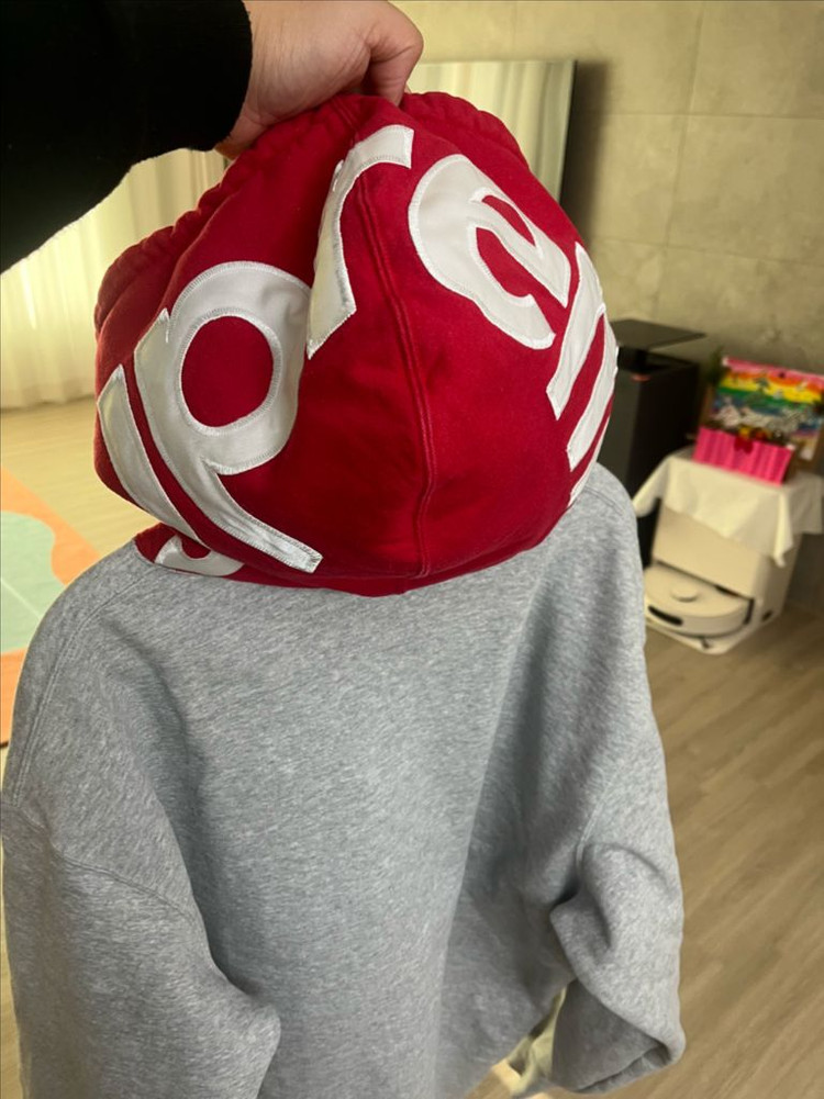 L사이즈 슈프림 후드 로고 후드티 그레이 레드 이미지