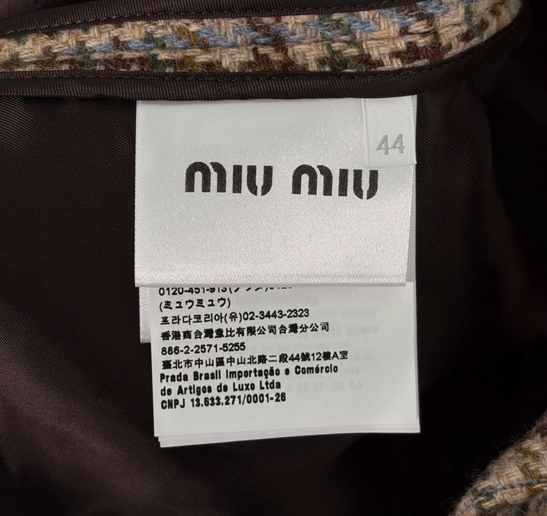 [44] 미우미우 여성 체스트 로고 싱글 브레스티드 플래드 체크 울 코트--6