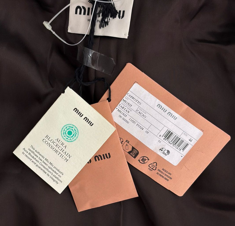 [44] 미우미우 여성 체스트 로고 싱글 브레스티드 플래드 체크 울 코트--8