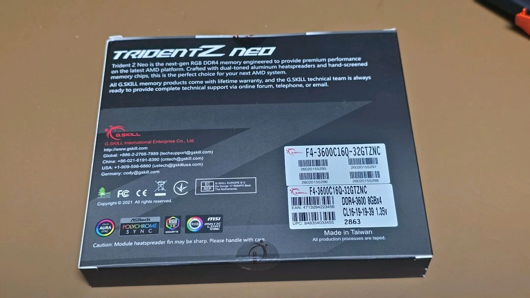 G.SKILL DDR4-3600 CL16 TRIDENT Z NEO C 패키지 (32GB, 8GB x 4개 구성) 이미지