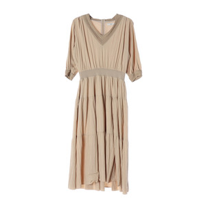 ZOOC 주크 베이지 브이넥 반팔 롱 캉캉 플레어 원피스 S