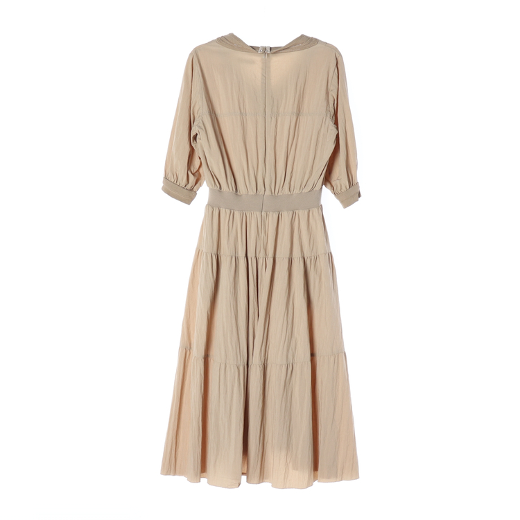 ZOOC 주크 베이지 브이넥 반팔 롱 캉캉 플레어 원피스 S--1