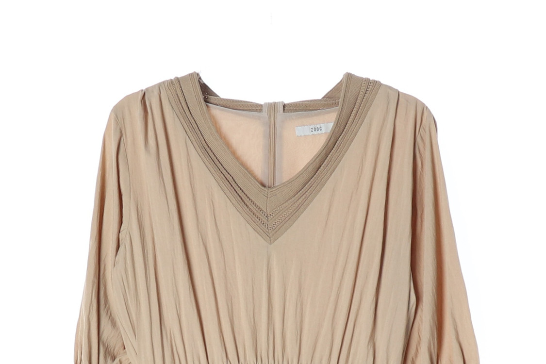 ZOOC 주크 베이지 브이넥 반팔 롱 캉캉 플레어 원피스 S--2