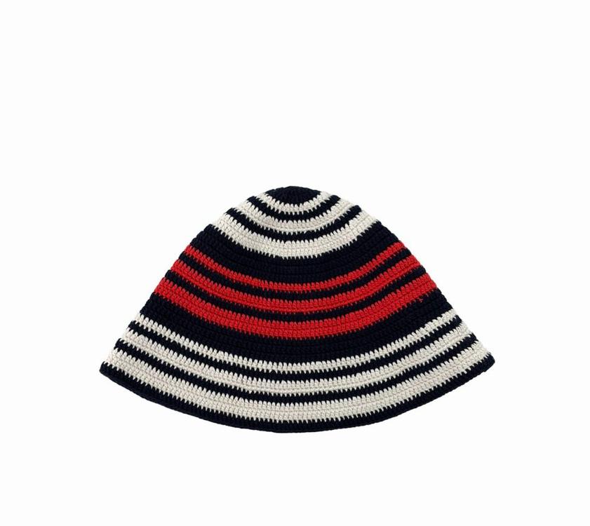 [OS] 미우미우 여성 로고 크로셰 스트라이프 니트 비니 버킷햇 모자--1