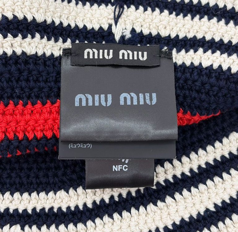 [OS] 미우미우 여성 로고 크로셰 스트라이프 니트 비니 버킷햇 모자--4