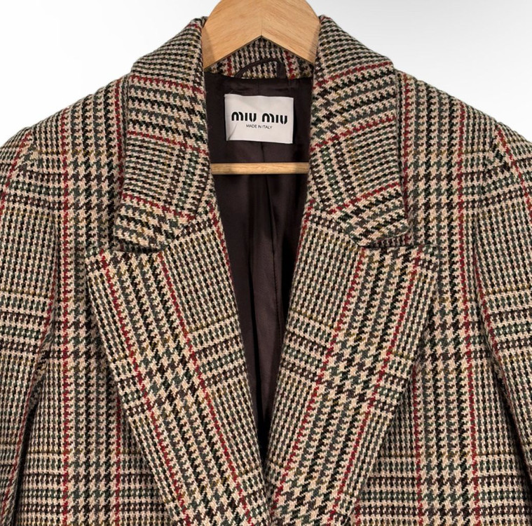 [36] 미우미우 여성 백로고 울 플래드 오버사이즈 체크 롱 코트 러스트--2