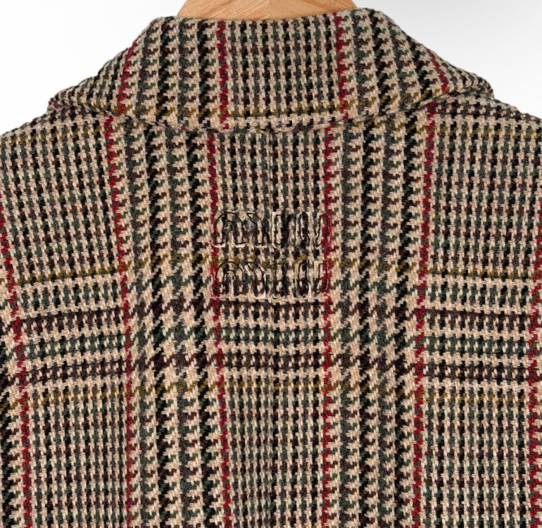 [36] 미우미우 여성 백로고 울 플래드 오버사이즈 체크 롱 코트 러스트--6