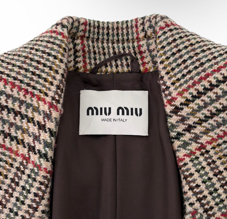 [36] 미우미우 여성 백로고 울 플래드 오버사이즈 체크 롱 코트 러스트--7