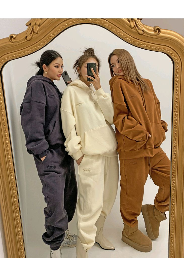 립합 원포인트 패치 기모후드티,조거팬츠세트(브라운)--1
