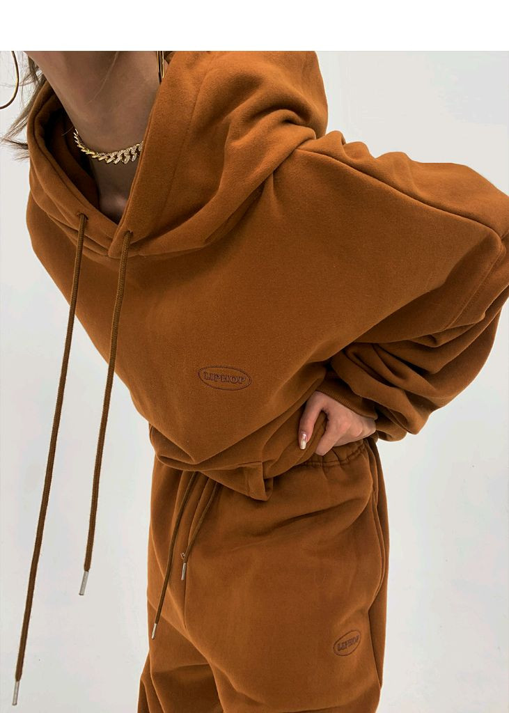 립합 원포인트 패치 기모후드티,조거팬츠세트(브라운)--2