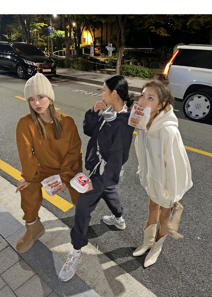 립합 원포인트 패치 기모후드티,조거팬츠세트(브라운)--4