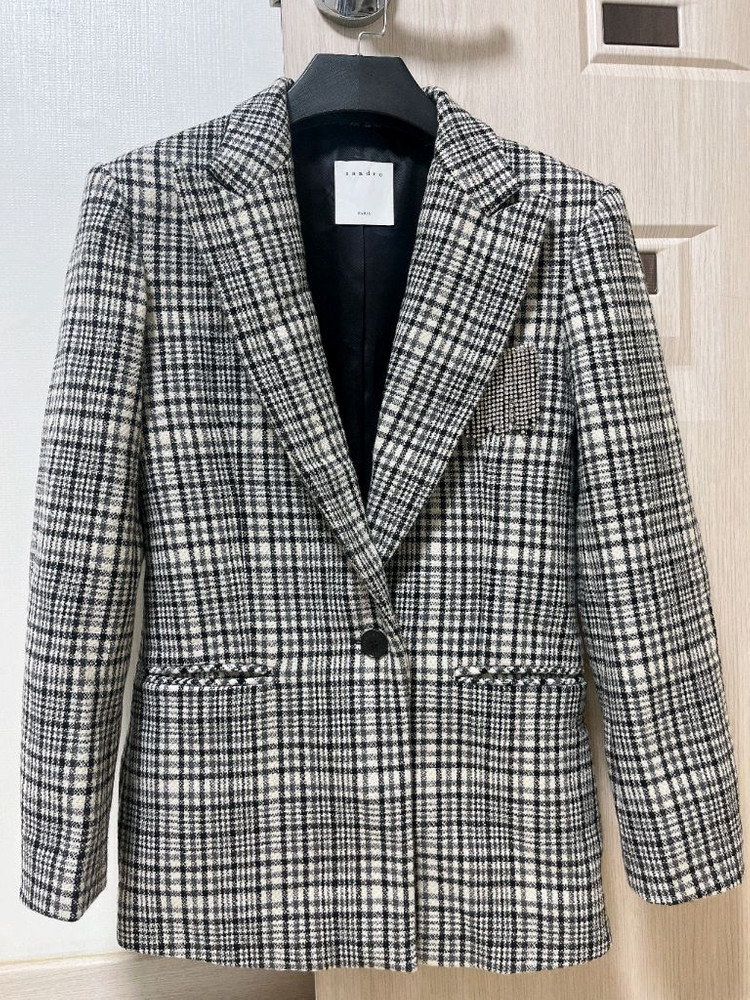 산드로 브로치 울 모 블레이저 하운드투스 자켓--3