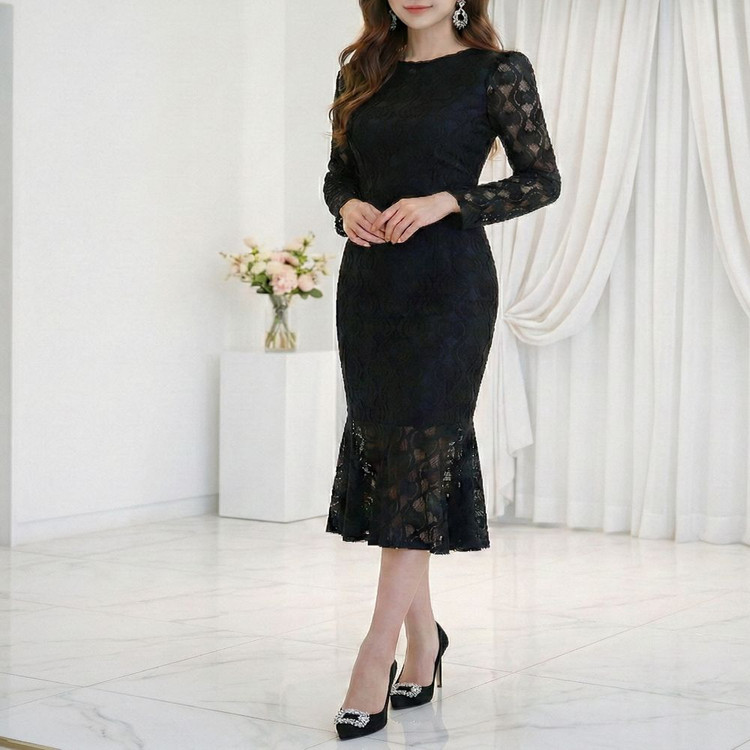 하객룩/연말룩/격식룩 레이스 머메이드 원피스 슬림핏 롱원피스ㅡ무배--5
