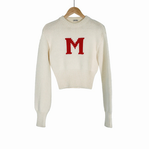 [38] 미우미우 여성 헤비 울 케이블 M로고 크루넥 니트 스웨터 화이트