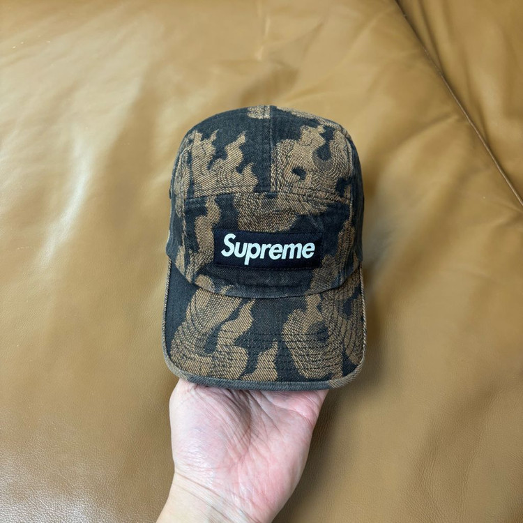 슈프림 캠프캡 모자 박스로고 플레임 자카드 데님 브라운--1