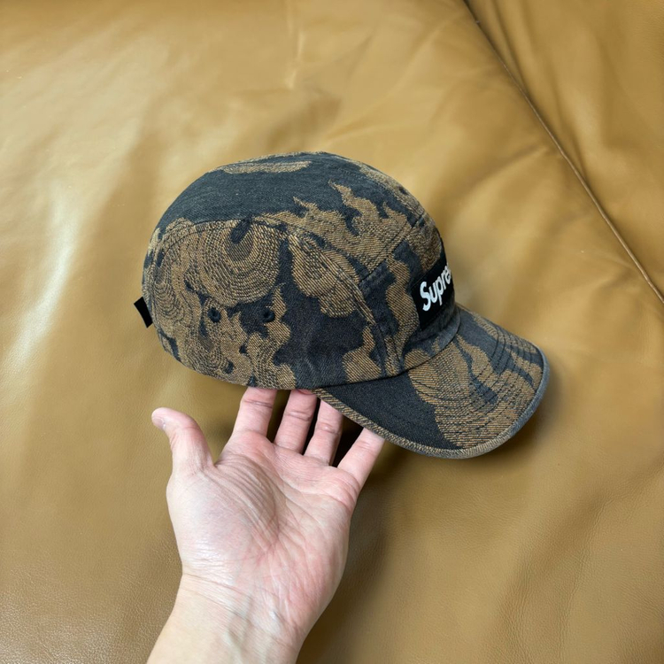 슈프림 캠프캡 모자 박스로고 플레임 자카드 데님 브라운--2