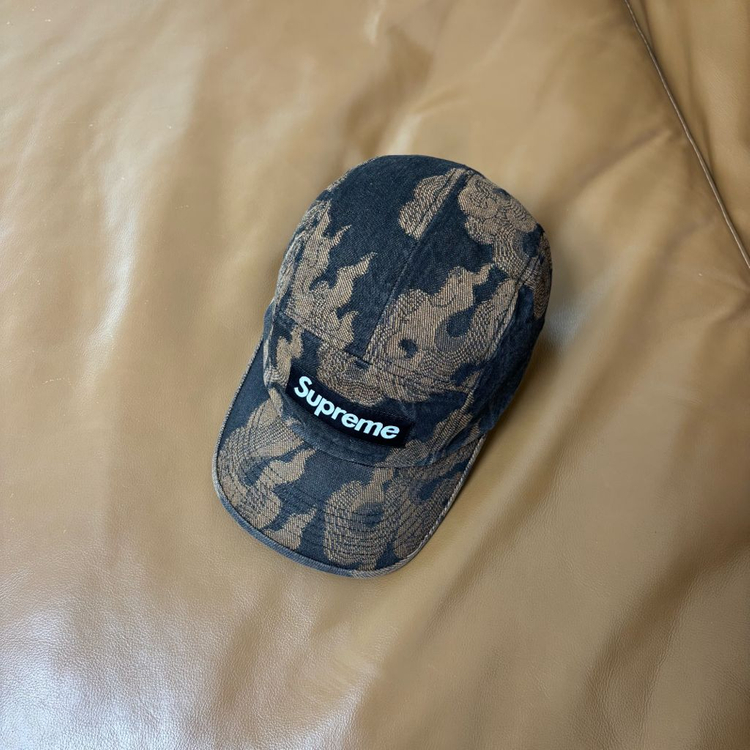 슈프림 캠프캡 모자 박스로고 플레임 자카드 데님 브라운--4