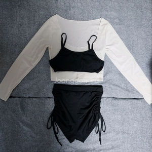 커버업 수영복 쓰리피스(오프숄더 크롭 티+브라 탑+하이웨스트 팬티) 비키니 세트 아이보리 블랙 M(44~55)