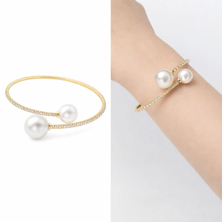 새 골드 커프 팔찌 인조진주 큐빅 오픈형 뱅글 보헤미안 여성 패션 이미지