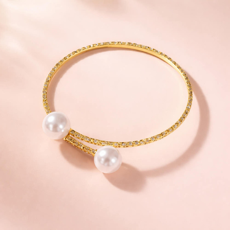 새 골드 커프 팔찌 인조진주 큐빅 오픈형 뱅글 보헤미안 여성 패션 이미지