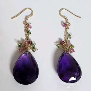 14k 천연 물방울 자수정 드롭 귀걸이