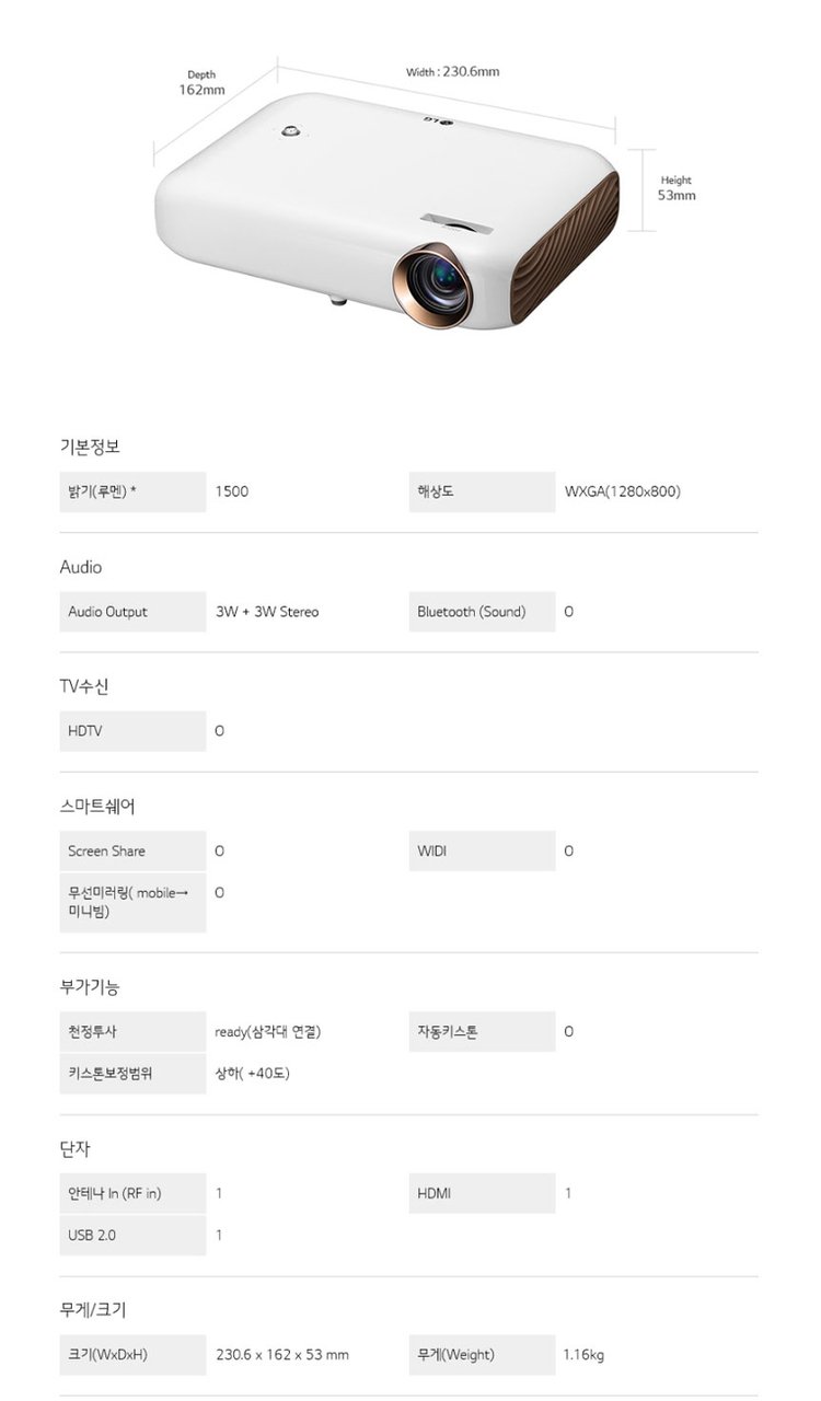 LG 미니빔 TV PW1500 1500안시 WXGA 중고빔프로젝터/ 캠핑,가정용--5