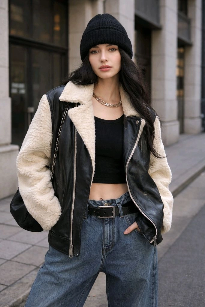 청담디자이너 블랙 레더 시어링 무스탕 자켓 free 이미지