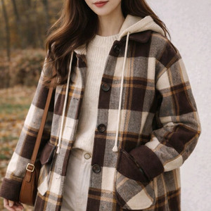 니트 후드 체크 도톰 브라운 재킷 F(44~55)