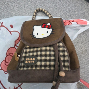 헬로키티 브라운 체크 미니 백팩 가방, 휘귀템