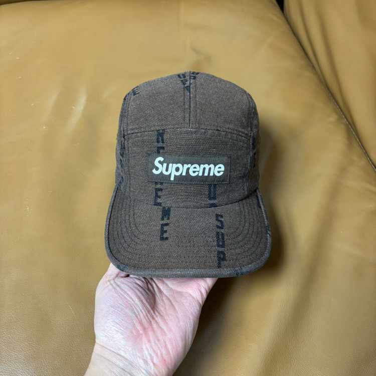 슈프림 캠프캡 모자 박스로고 워시드 데님 브라운--1