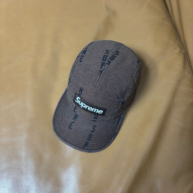 슈프림 캠프캡 모자 박스로고 워시드 데님 브라운--4