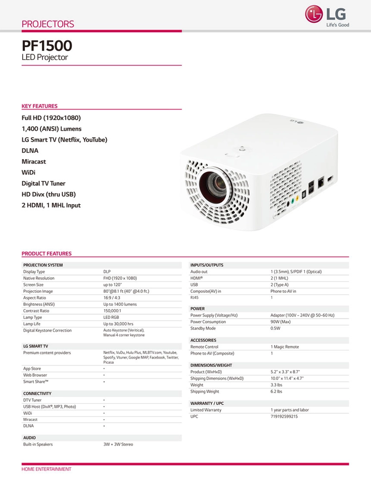 LG 미니빔 PF1500 1400안시 풀HD LED 중고빔프로젝터 (총사용 0시간) 이미지