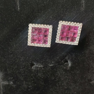 천연 루비 & 화이트 토파즈 귀걸이 14k WG 도금