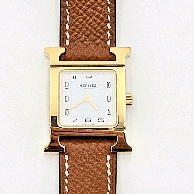 [중고명품셀렉트]에르메스 H 아워 워치 스몰 골드 앱송 스트랩 & 옐로우 골드 스틸--5