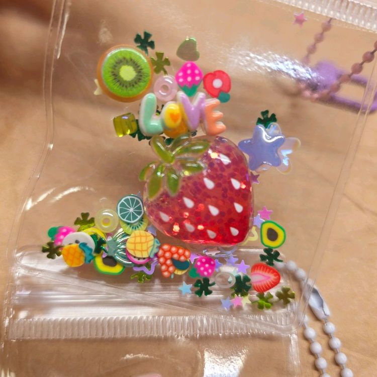 지퍼백 딸기 과일 D고리 키링 4개. 이미지