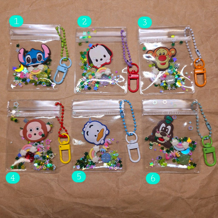 행운 지퍼백 캐릭터 키링 6개. 스티치 티거 구피 포챠코 몽키치 페클 이미지