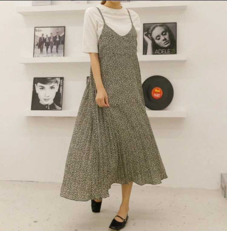 새상품)퀄높은 플라워 쉬폰 나시 롱원피스 뷔스티에 이미지