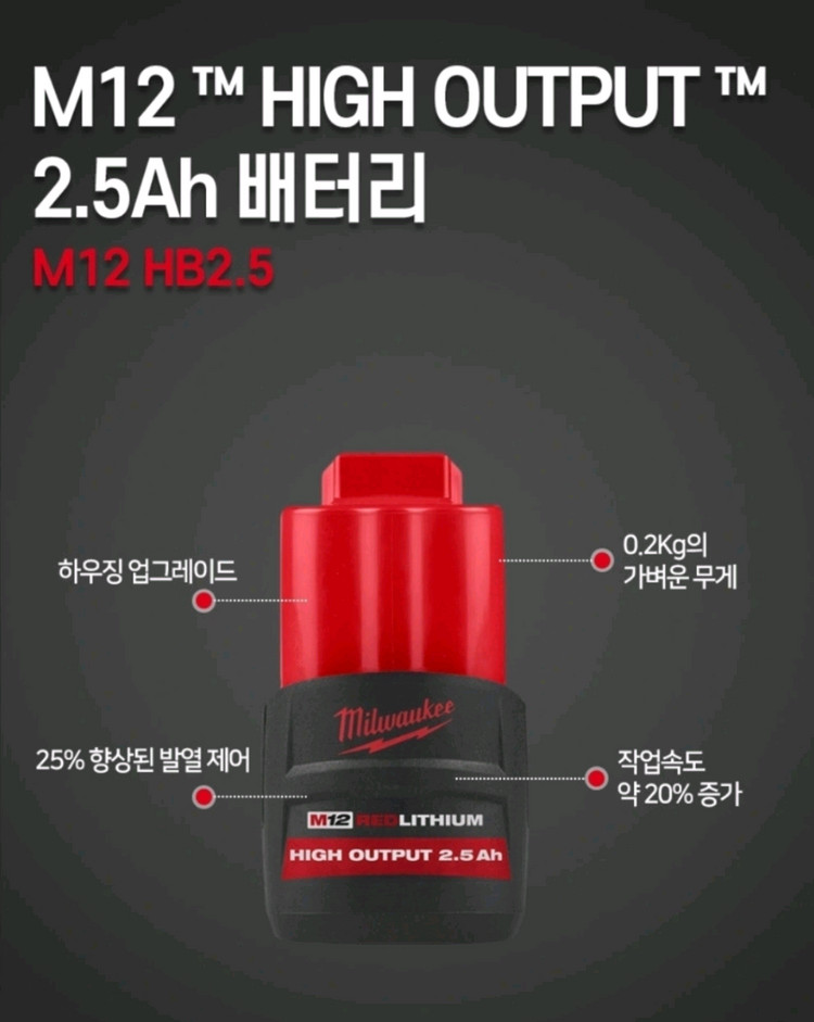 밀워키 M12 2.5Ah 고출력 배터리--1